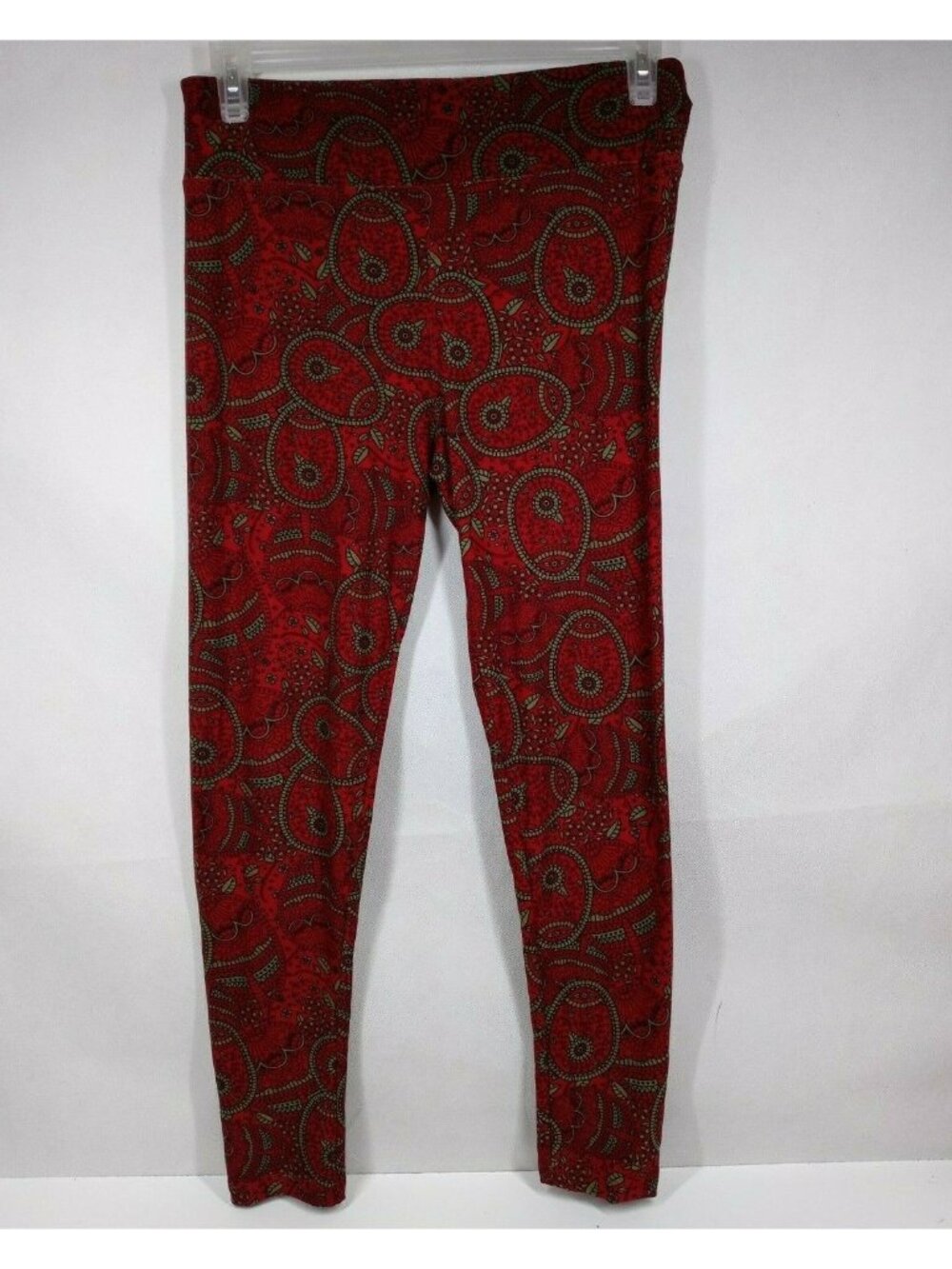 New LuLaRoe Tall & Curvy Leggings Red With Olive Green Floral Paisley Designs